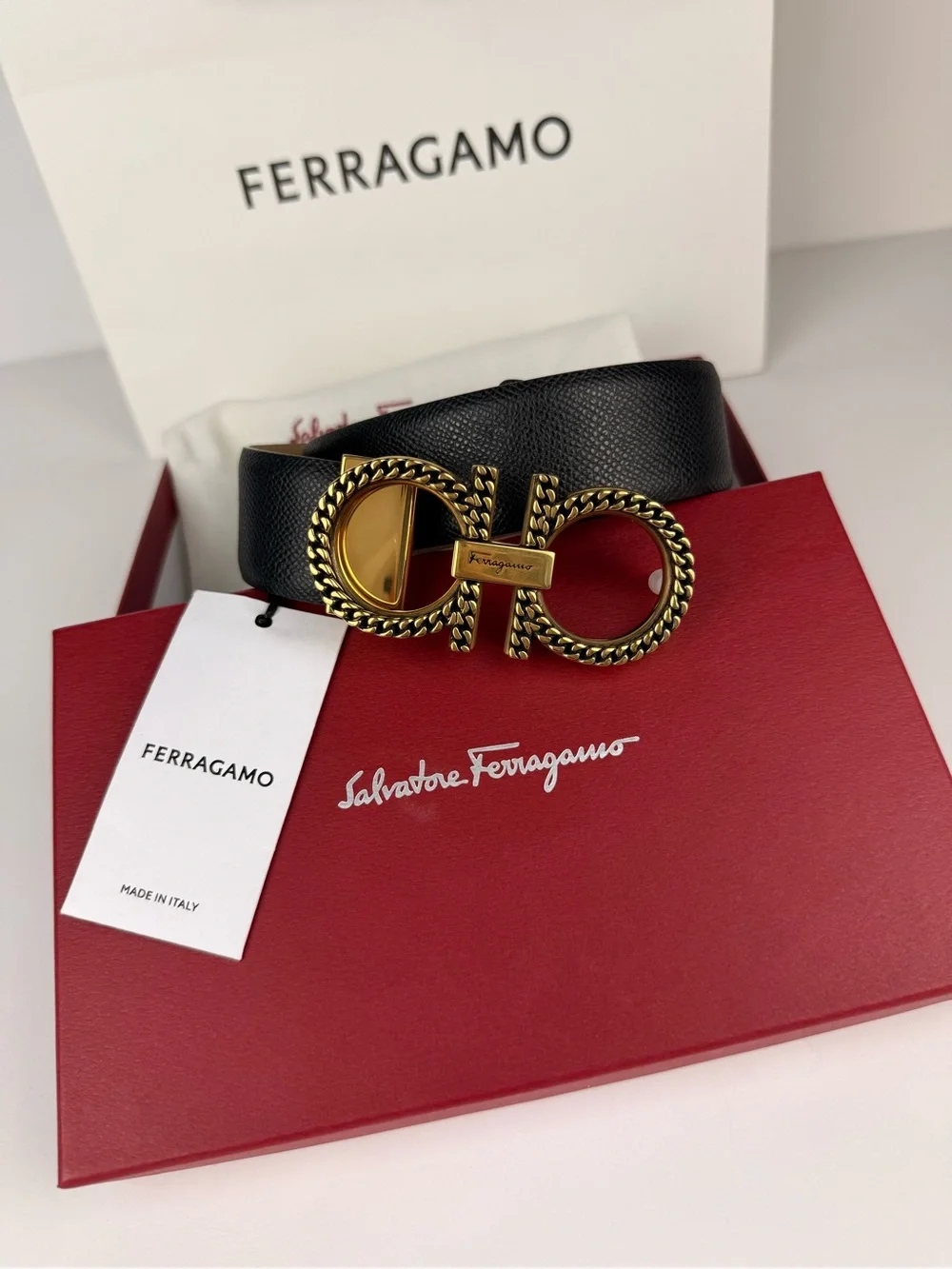 Ferragamo Gancini Reversible Belt 100 Black Camel Chain-Detail Buckle Cut-to-Fit